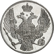 No. 982: Russia. Nicolas I, 1825-1855. 12 platinum rubles 1839, St. Petersburg. From the Hutten-Czapski and Great Prince George Mikhailovich Collections. Extremely rare. Grading NGC (photo-certificate) PF 64 CAMEO. Proof. Estimate: 250,000 euros.