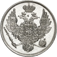 No. 983: Russia. Nicolas I, 1825-1855. 6 platinum rubles 1839, St. Petersburg. From the Hutten-Czapski and Great Prince George Mikhailovich Collections. Extremely rare. Grading NGC (photo-certificate) PF 64 CAMEO. Proof. Estimate:150,000 euros.