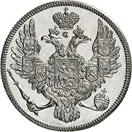 No. 984: Russia. Nicolas I, 1825-1855. 3 platinum rubles 1839, St. Petersburg. From the Hutten-Czapski and Great Prince George Mikhailovich Collections. Extremely rare. Grading NGC (photo-certificate) PF 64 CAMEO. Proof. Estimate: 100,000 euros.