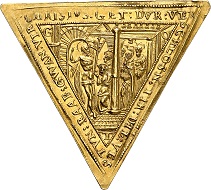 Triangular golden klippe at the weight of 1.5 ducats 1598, on the reconquest of the fortress of Raab. From Künker auction 316 (January 31, 2019), No. 527. Price: 10,000 euros.