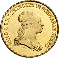 Johann Nepomuk of Schwarzenberg, 1782-1789. 10 ducats 1783, Vienna. From Künker auction 316 (January 31, 2019), No. 561. Price: 25,000 euros – with section of coat of arms: raven pecking out the eyes of a severed head of a Turk.