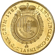 Johann Nepomuk of Schwarzenberg, 1782-1789. 10 ducats 1783, Vienna. From Künker auction 316 (January 31, 2019), No. 561. Price: 25,000 euros – with section of coat of arms: raven pecking out the eyes of a severed head of a Turk.