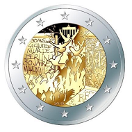 The 2-euro commemorative circulation coin features a design by Joaquin Jimenez.