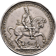 Silver medal by M. Sock, Kremnica, on the reconquest of Esztergom on September 7, 1595. Obverse Archduke Matthias with baton, riding to the right. From Künker auction 317 (February 5, 2019), No. 1689. Price: 500 euros.