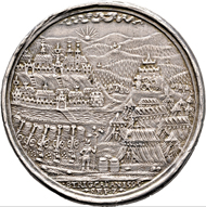 Silver medal by M. Sock, Kremnica, on the reconquest of Esztergom on September 7, 1595. Obverse Archduke Matthias with baton, riding to the right. From Künker auction 317 (February 5, 2019), No. 1689. Price: 500 euros.