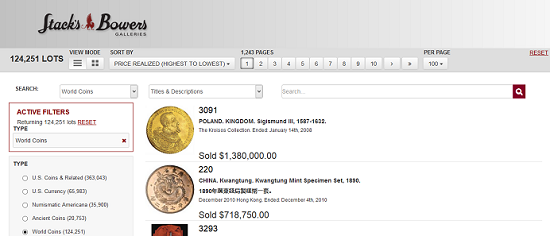 The Stack’s Bowers Galleries Auction Archives allow you combine numerous modifiers in various sections.