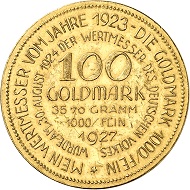 Josef Wild. 100 gold marks 1927. Presumably the third known specimen. Extremely fine. Price estimate: 5,000.- euros. From Künker auction 321 (15 March, 2019), No. 6820.