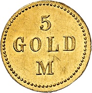 Josef Wild. 5 gold marks 1923. Nearly FDC. Price estimate: 250.- euros. From Künker auction 321 (15 March, 2019), No. 6811.