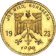 Josef Wild. 10 gold marks 1923. Nearly FDC. Price estimate: 300.- euros. From Künker auction 321 (15 March, 2019), No. 6810.