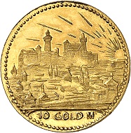 Josef Wild. 10 gold marks 1923. Nearly FDC. Price estimate: 300.- euros. From Künker auction 321 (15 March, 2019), No. 6810.