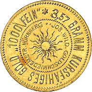 Josef Wild. 10 gold marks without year (1924). Extremely fine. Price estimate: 300.- euros. From Künker auction 321 (15 March, 2019), No. 6819.