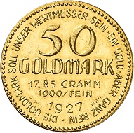 Josef Wild. 50 gold marks 1927. Extremely fine to FDC. Price estimate: 5,000.- euros. From Künker auction 321 (15 March, 2019), No. 6821.