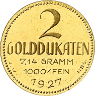 Josef Wild. 2 gold ducats 1927. Nearly FDC. Price estimate: 1,000.- euros. From Künker auction 321 (15 March, 2019), No. 6823.
