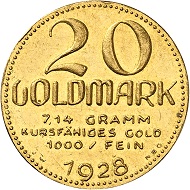 Josef Wild. 20 gold marks 1928. Extremely fine to FDC. Price estimate: 2,000.- euros. From Künker auction 321 (15 March, 2019), No. 6824.