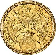 No. 120: Frankfurt. 3 ducats 1658 in celebration of the coronation of Leopold I as Roman emperor in Frankfurt. Very rare. Extremely fine to FDC. Estimate: 7,500 euros. Price realized: 24,000 euros.