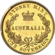 No. 869: Australia. Victoria, 1837-1901. Sovereign 1855, London. Trial piece. Probably only three privately-owned specimens. Proof. Estimate: 125,000 euros. Price realized: 140,000 euros.