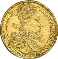6444: POLAND. Sigismund III, 1587-1632. Portugalöser of 10 ducats 1622. Fb. 77. H.-Cz. 5793 (R7). Kopicki -. Of great rarity, tiny graffiti, attractive VF. Estimate: 30,000 euros, hammer price: 130,000 euros.