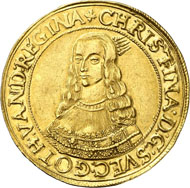 No. 7053: SWEDEN. Christina (1632-1654). 10 ducats 1645. Ahlström 30 (XR, this specimen, under Erfurt); Fb. 926 (