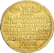 No. 7589: HESSE-KASSEL. Charles (1670-1730). 2 gold gulden 1677 (edergold). Fb. 1271 (