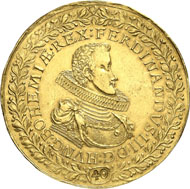 No. 8051: HOLY ROMAN EMPIRE. Ferdinand III, 1625-1637-1657. 40 ducats 1629, Prague. Dietiker -. Doneb. - (cf. 2353, there in silver). Fb. 45 (