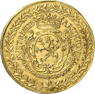 No. 8051: HOLY ROMAN EMPIRE. Ferdinand III, 1625-1637-1657. 40 ducats 1629, Prague. Dietiker -. Doneb. - (cf. 2353, there in silver). Fb. 45 (